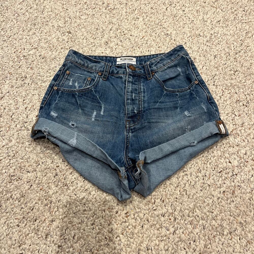 One by One Teaspoon High Waisted Bandits Jean Shorts 28 Relaxed Fit Button Fly